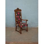 *OAK THRONE RECENTLY RECOVERED IN RECLAIMED FABRIC. HEIGHT 1395MM (55IN) X WIDTH 630MM (24.25IN) X