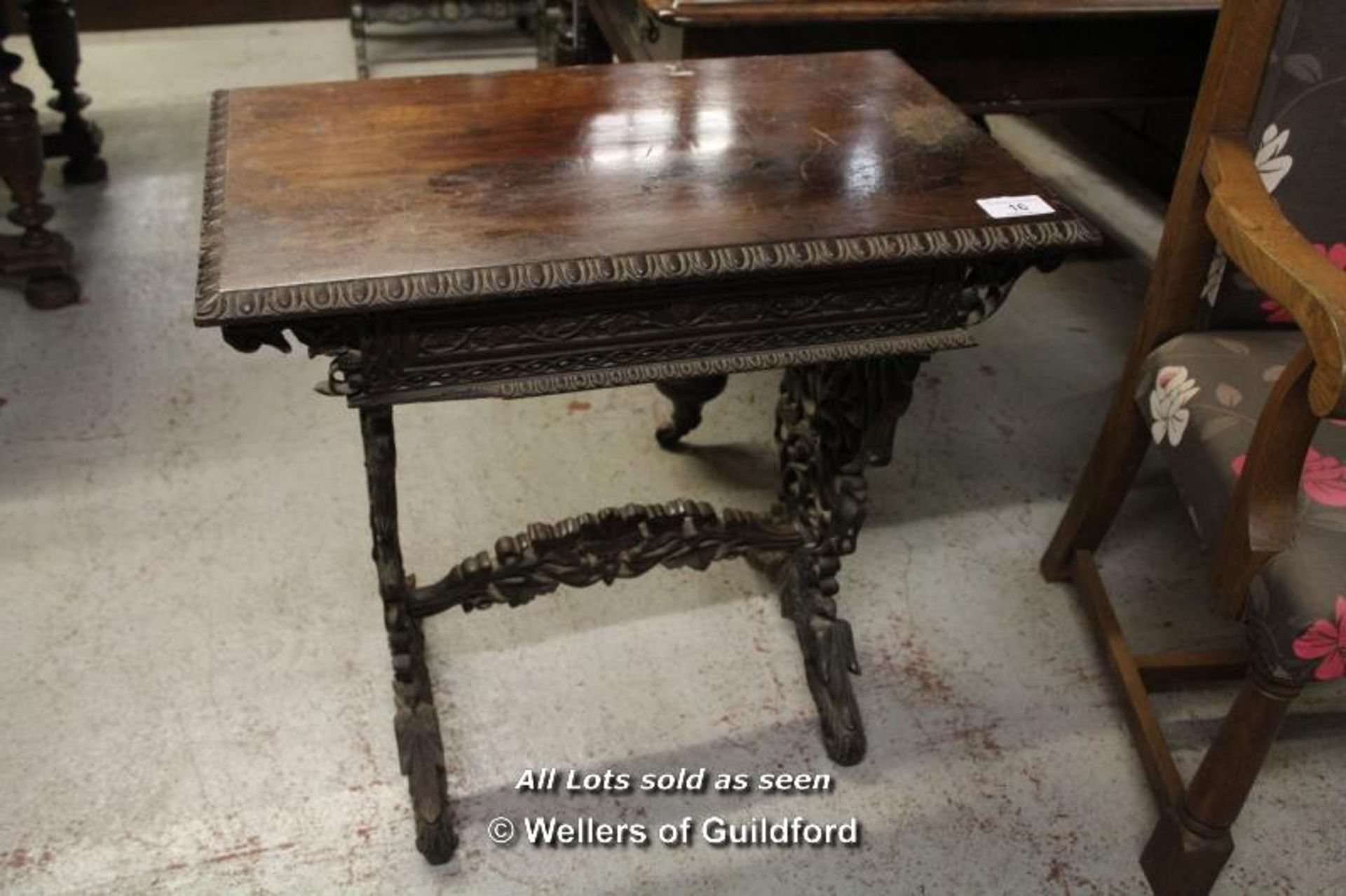 *CARVED OAK SMALL WRITING DESK WITH INTERNAL DRAWER