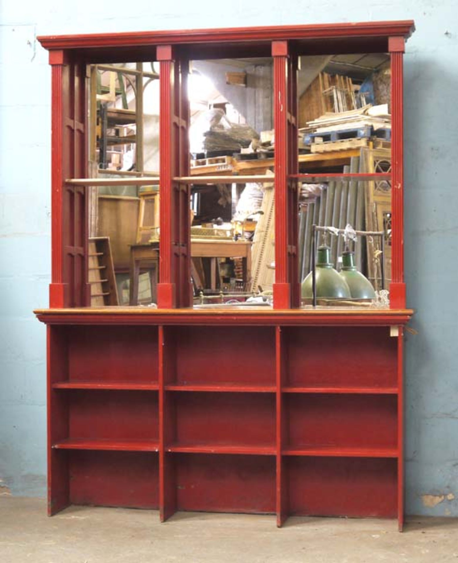 *PAIR OF RECLAIMED PAINTED BACK FITTINGS, RECENTLY MADE. HEIGHT 2430MM (96"). TILL SHELF 1060MM (