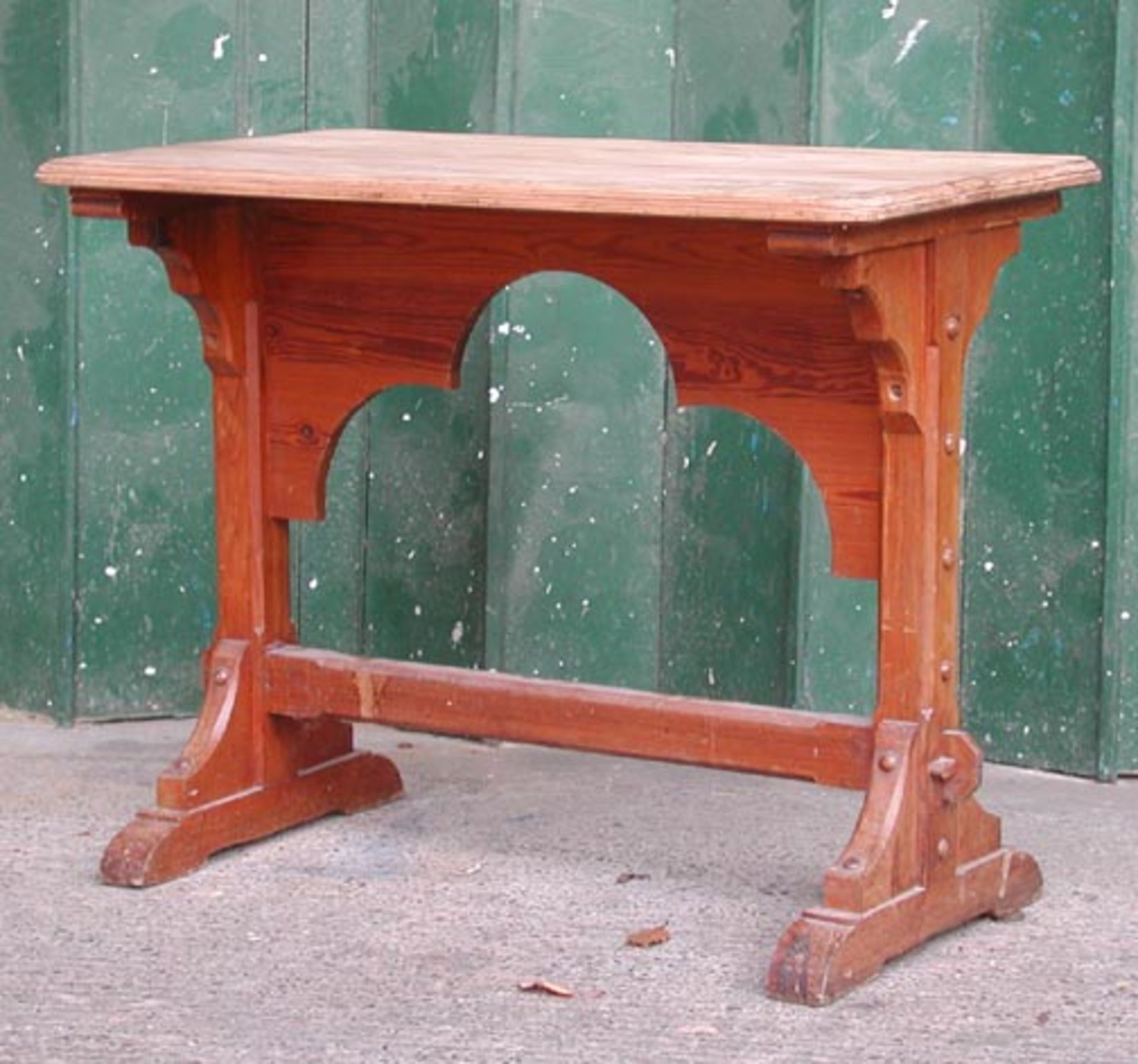 *PITCH PINE GOTHIC SIDE TABLE, LATE 1800'S. HEIGHT 850MM (33.5IN) X WIDTH 1065MM (42IN) X DEPTH