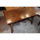 *BELGIUM OAK PARQUET TABLE, MID 1900S. HEIGHT 755MM (29.75IN) X WIDTH 2500MM (98.5IN) X EXTENDED