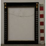 *DECORATIVE BLACK PAINTED WOODEN MIRROR FRAME. HEIGHT 1120MM (44IN) X WIDTH 945MM (37.25IN) X