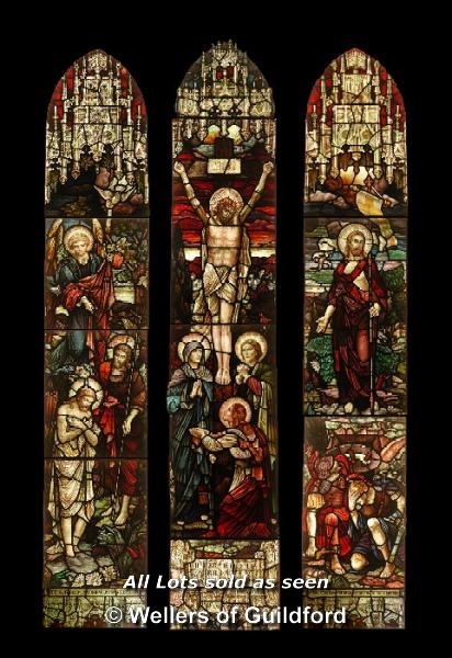 *THREE LIGHT WINDOWS DEPICTING THE CRUCIFIXION. HEIGHT 4185MM X 810MM WIDE
