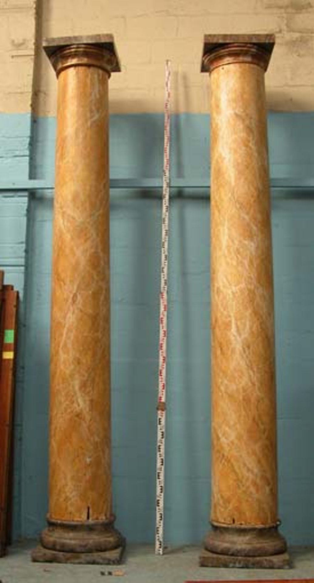 *SET OF FOUR LARGE PINE CLASSICAL STYLE COLUMNS WITH MARBLE EFFECT PAINTWORK, LATE 1900. EACH 3845MM - Image 2 of 3