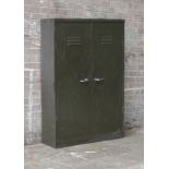 *GREEN METAL LOUVERED FACTORY CABINET, MID 1900'S. HEIGHT 1380MM (54.25IN) X WIDTH 915MM (36IN) X