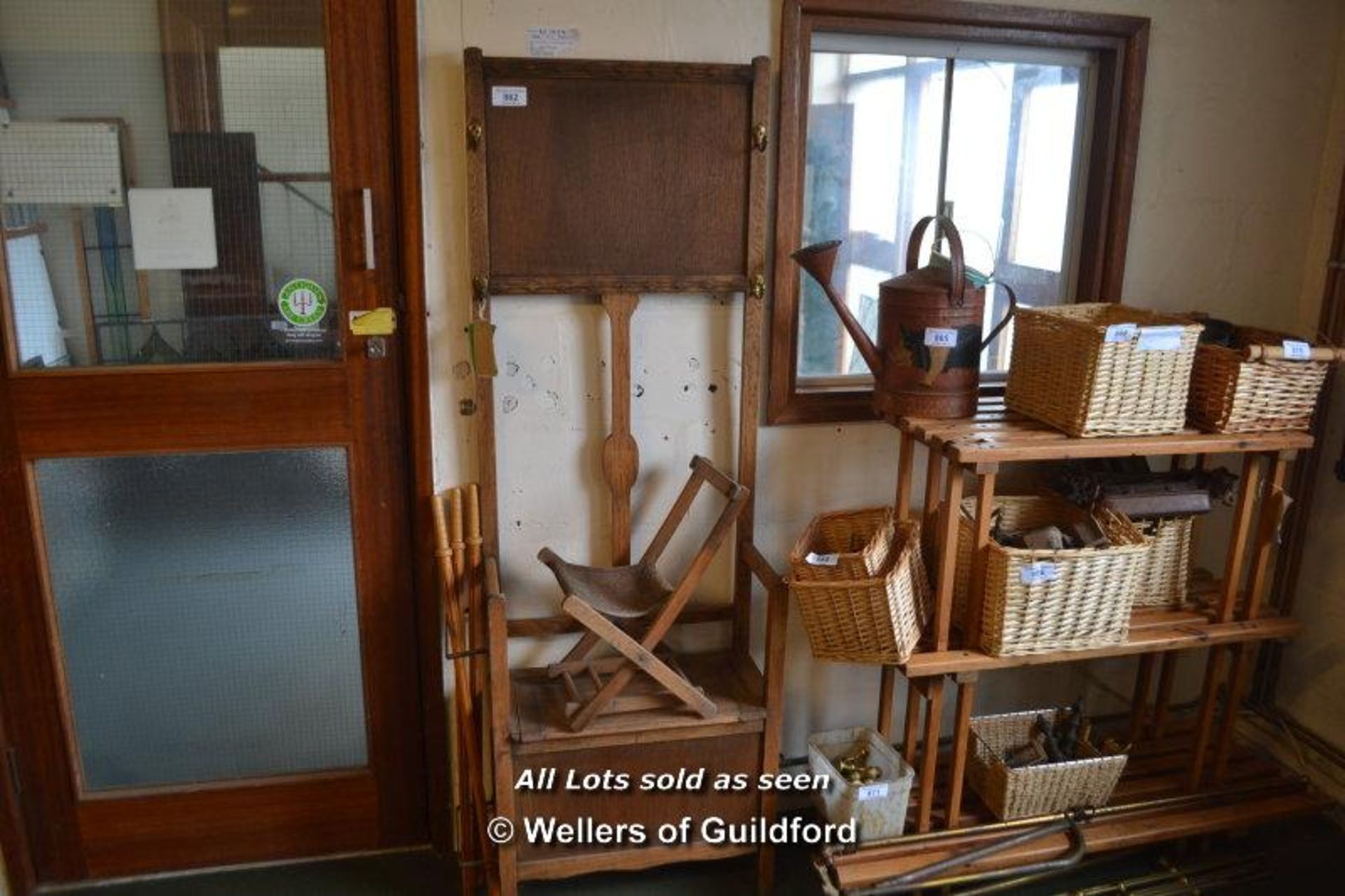 *OAK HALL STAND, CHILD'S FOLDING CHAIR AND NEWSPAPER HOLDERS