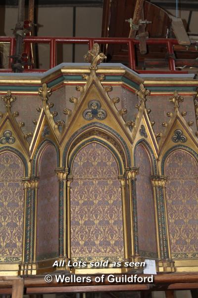 *POLYCHROMED GOTHIC ARCADED OAK REREDOS. ORIGINAL HIGHLY DECORATIVE PAINTWORK, 1860. 1270MM (50IN) - Image 5 of 9
