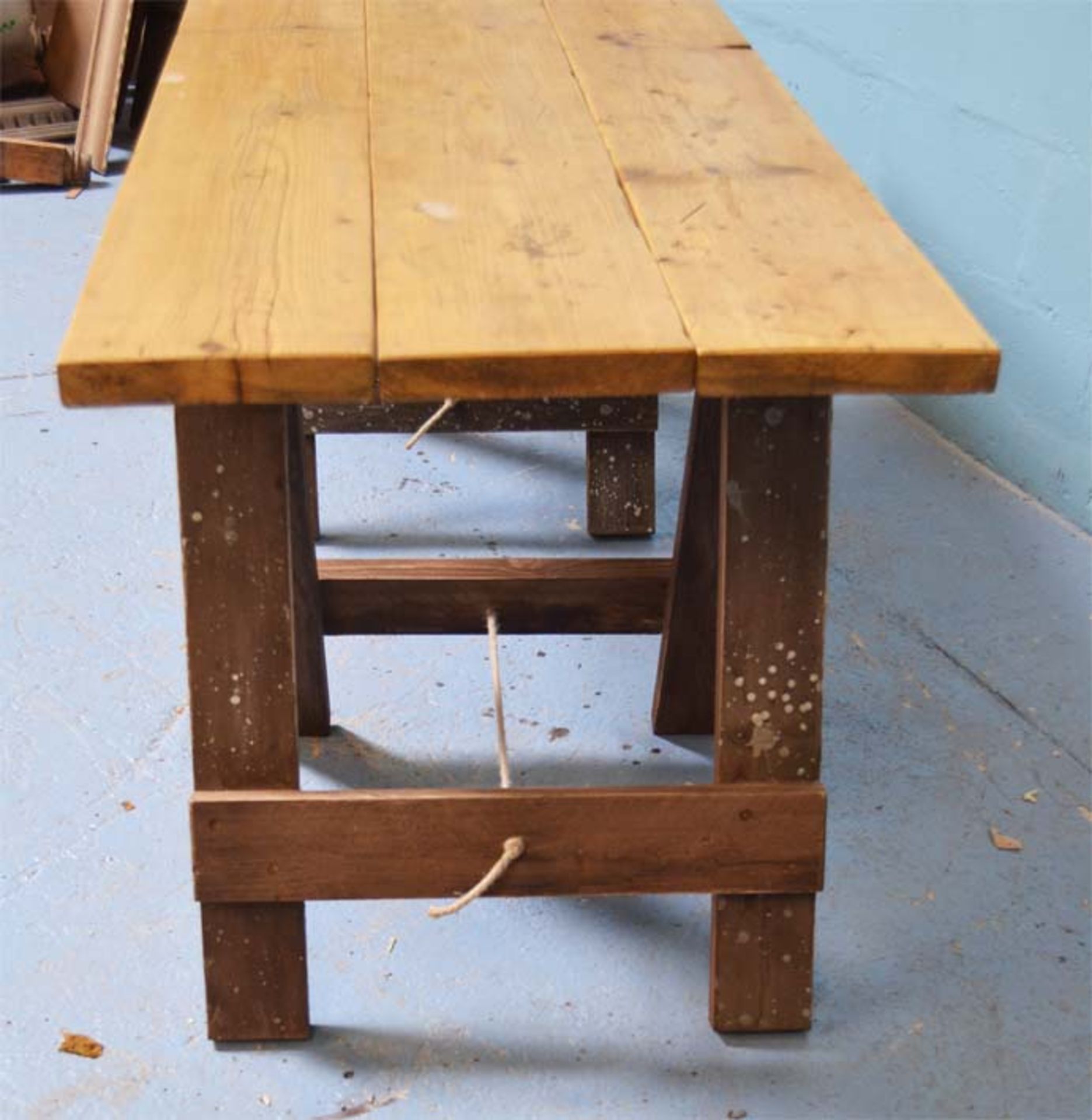 *RECLAIMED TOPPED TABLE ON TRESTLE LEGS - Image 3 of 4