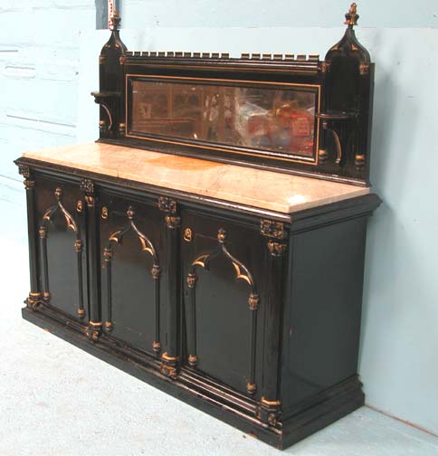 *EBONISED & GILDED STRAWBERRY HILL GOTHIC SIDEBOARD WITH WHITE MARBLE TOP CIRCA 1860. HEIGHT - Image 2 of 6