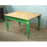 *VICTORIAN PINE KITCHEN TABLE, LEGS PAINTED GREEN. 705MM ( 27.75" ) HIGH X 1200MM ( 47.25" ) WIDE