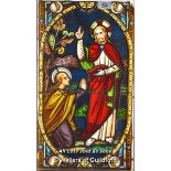 *DECORATIVE STAINED GLASS PANEL OF CHRIST AND WORSHIPER MARY 447mmW x 870mm H.