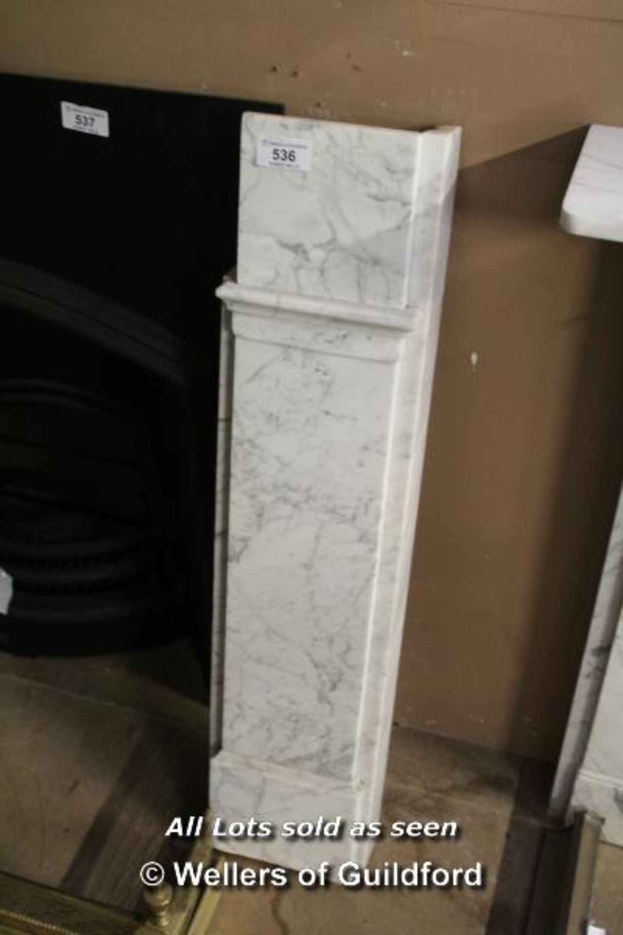 *PLAIN WHITE ENGLISH MARBLE FIRE SURROUND, CIRCA 1840 - 1850. HEIGHT 1110MM (43.75IN) X WIDTH 1620MM