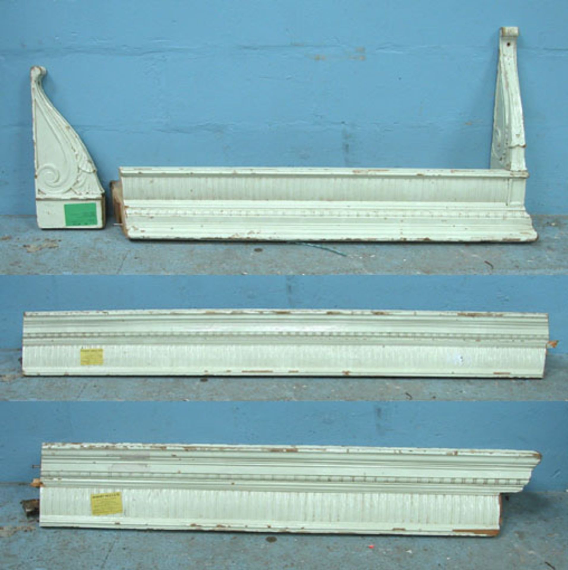 *3.9M RUN OF RECLAIMED PINE CORNICE, PLUS TWO CORBELS, IN THREE SECTIONS. CIRCA 1900 [0]