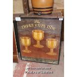 WOODEN HAND PAINTED DOUBLE SIDED THREE CUPS INN PUB SIGN, MID 1900S