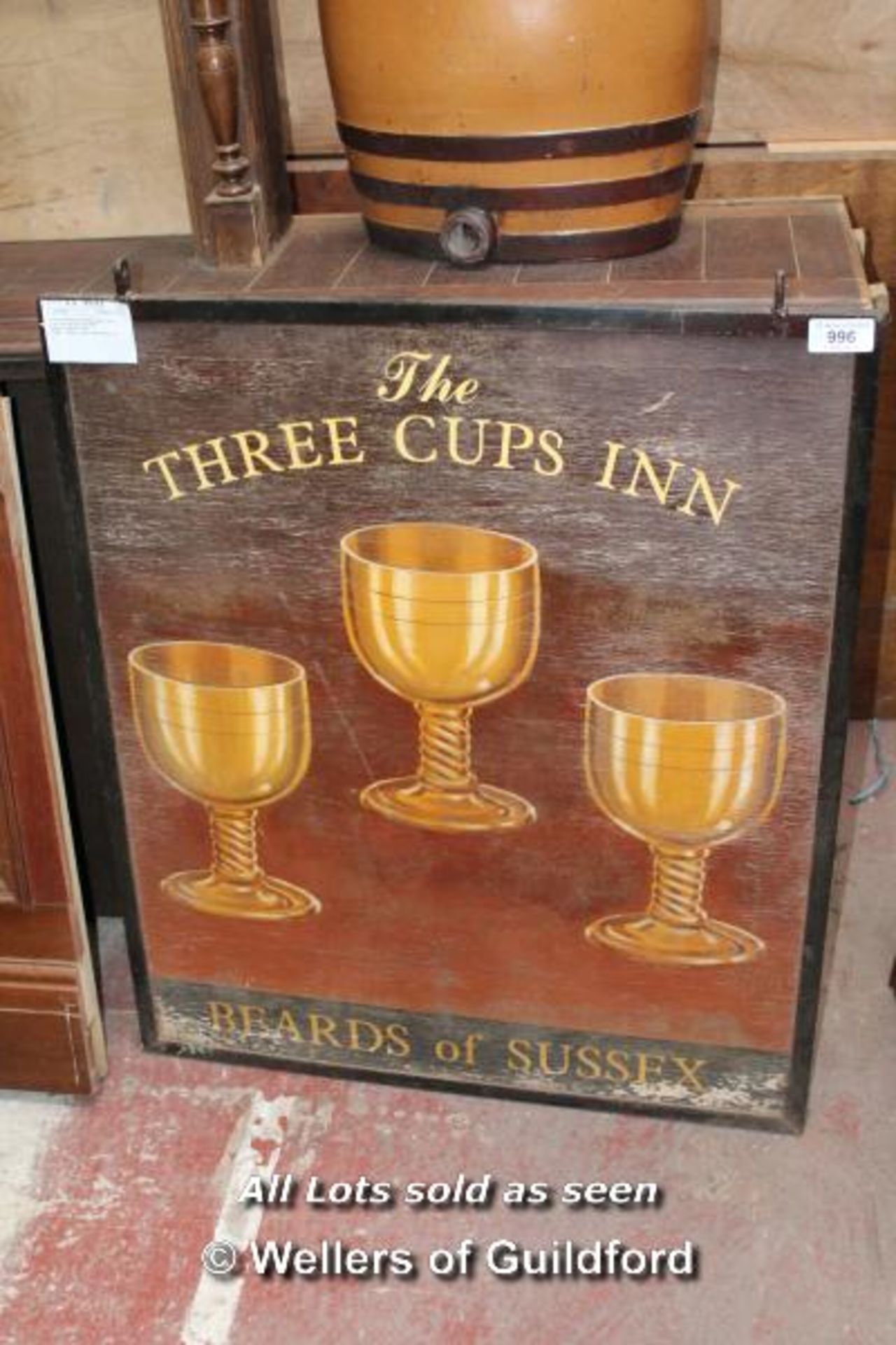 WOODEN HAND PAINTED DOUBLE SIDED THREE CUPS INN PUB SIGN, MID 1900S