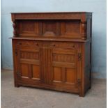 *OAK COURT CUPBOARD MID 20THC. 1445MM ( 37.75" ) HIGH X 1525MM ( 60" ) WIDE X 495MM ( 19.5" )