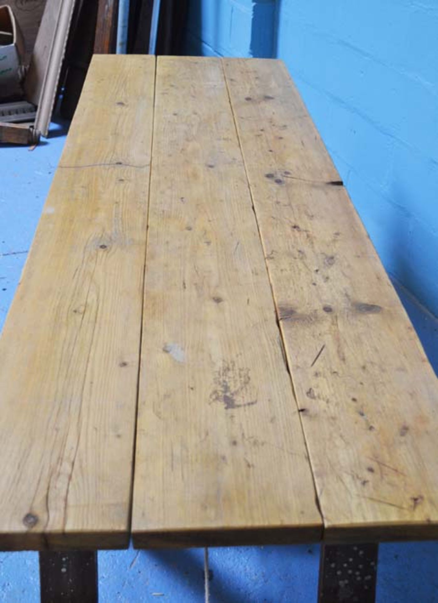 *RECLAIMED TOPPED TABLE ON TRESTLE LEGS - Image 2 of 4