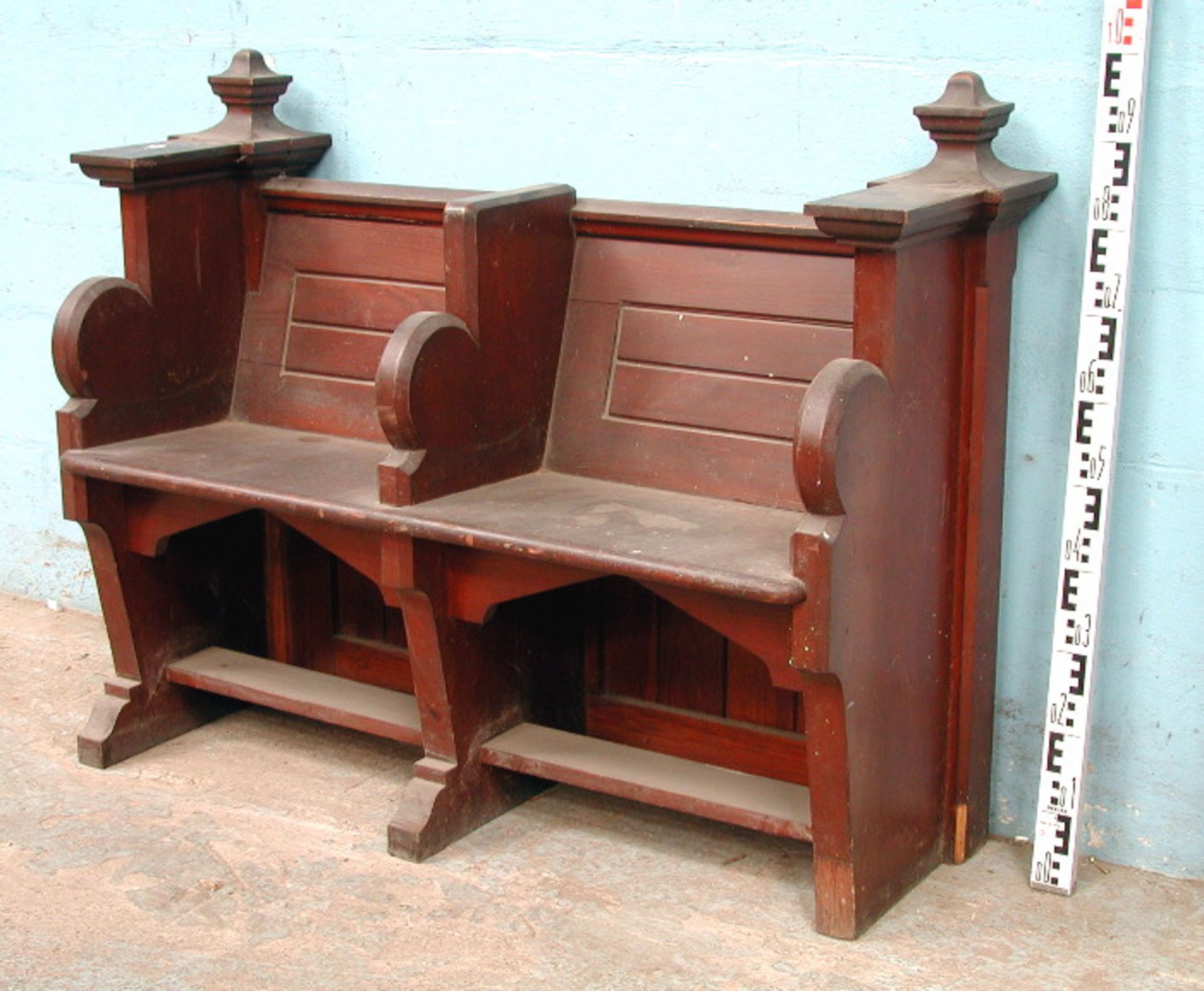 *PITCH PINE DOUBLE CLERGY SEAT. DARK VARNISH WITH SEAT SEPARATOR AND FINIALS, 1875.