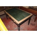 *OAK AND GREEN LEATHER INLAID TABLE WITH THREE DRAWERS