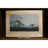 *A FRAMED FIRST EDITION PRINT ENTITLED "THE LAST MOMENTS OF H.M.S HOOD", SIGNED BY H.M.S. HOOD