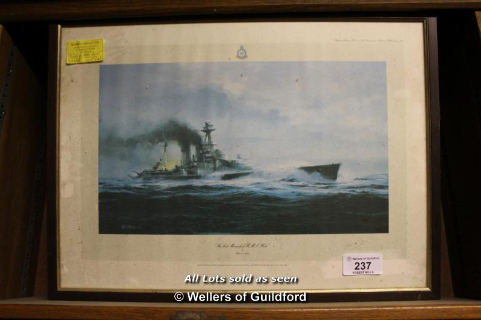 *A FRAMED FIRST EDITION PRINT ENTITLED "THE LAST MOMENTS OF H.M.S HOOD", SIGNED BY H.M.S. HOOD