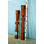 *PAIR OF RECLAIMED OAK NEWEL POSTS, EARLY 1900. ONE X 1492MM (58.75IN) HIGH, ONE X 1290MM (50.