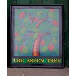 SINGLE SIDED 'THE ASPEN TREE' PUB SIGN, NEW FRAME. HEIGHT 970MM (38IN) X WIDTH 815MM (32IN) X DEPTH