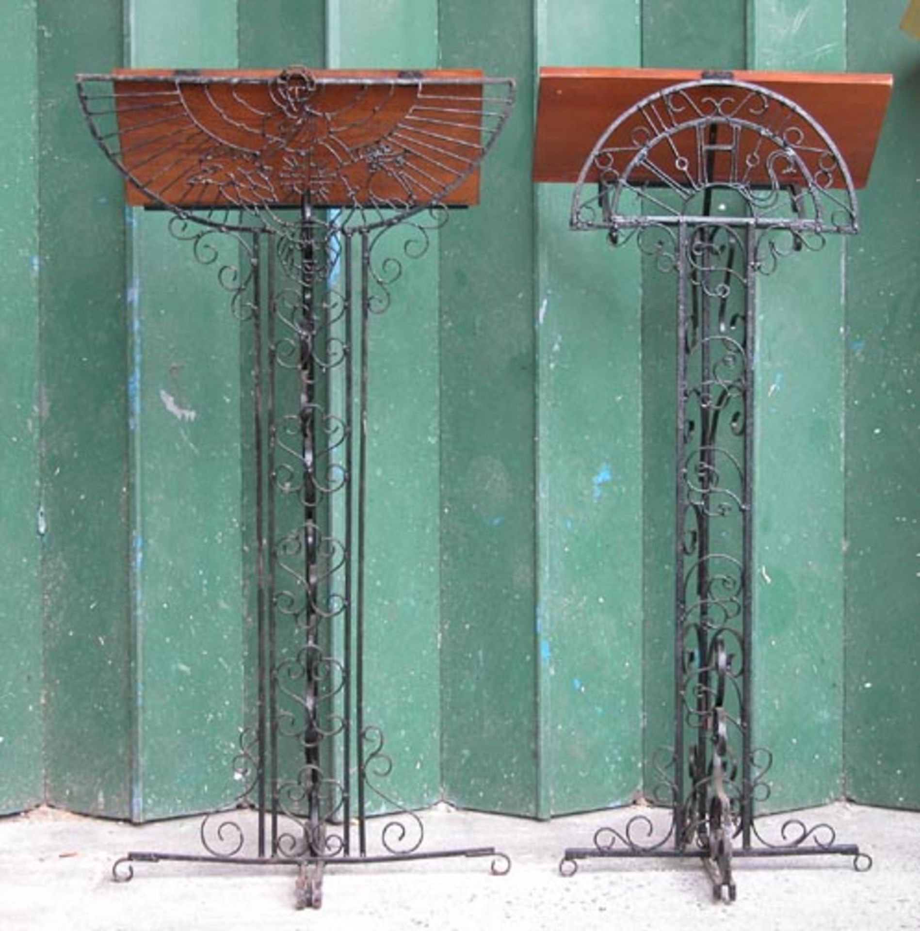 *MATCHED PAIR WROUGHT IRON LECTERNS, LATE 1900'S. HEIGHT 1400MM (55IN) X AVG WIDTH 710MM & 610MM X