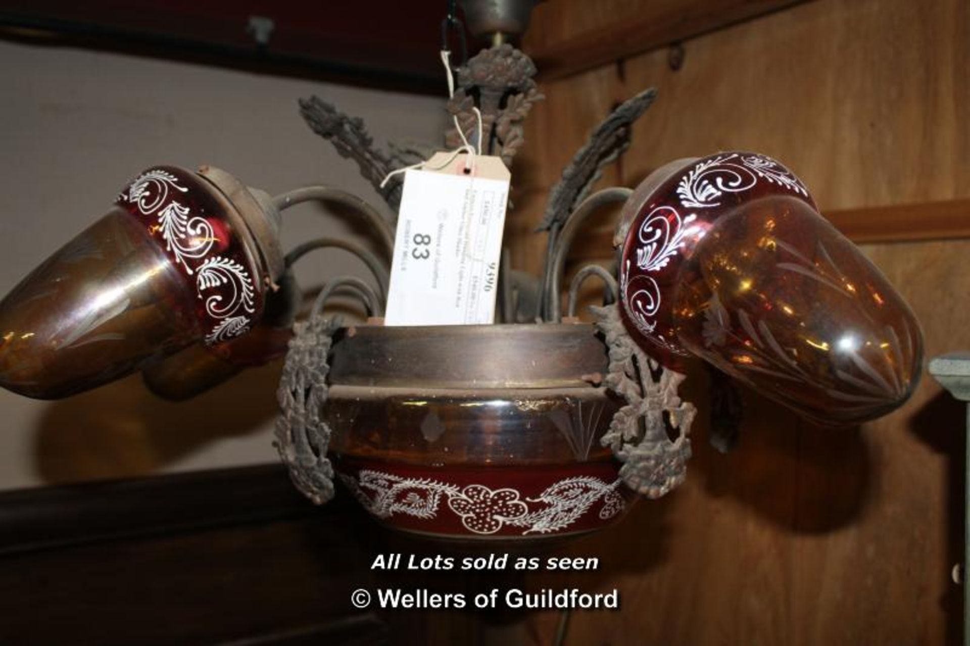 *EASTERN EUROPEAN HANGING LIGHT WITH RED AND AMBER GLASS SHADES [0] - Image 2 of 2