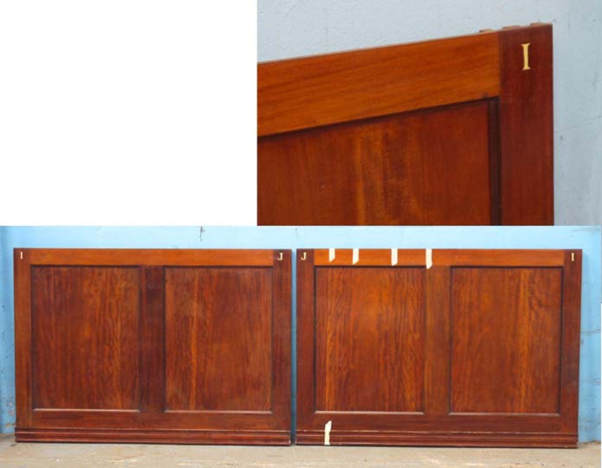 *TWO ANTIQUE MAHOGANY DADO PANELS RECLAIMED FROM A VICTORIAN DISPLAY CABINET FROM THE VICTORIA &