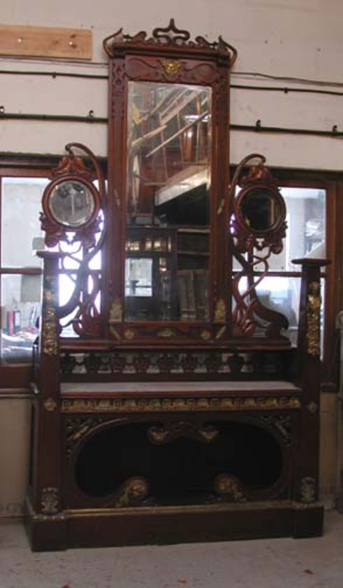 *MAHOGANY ART NOUVEAU EXHIBITION DRESSER. HEIGHT 2870MM (113IN) X WIDTH 1570MM (61.75IN) X DEPTH