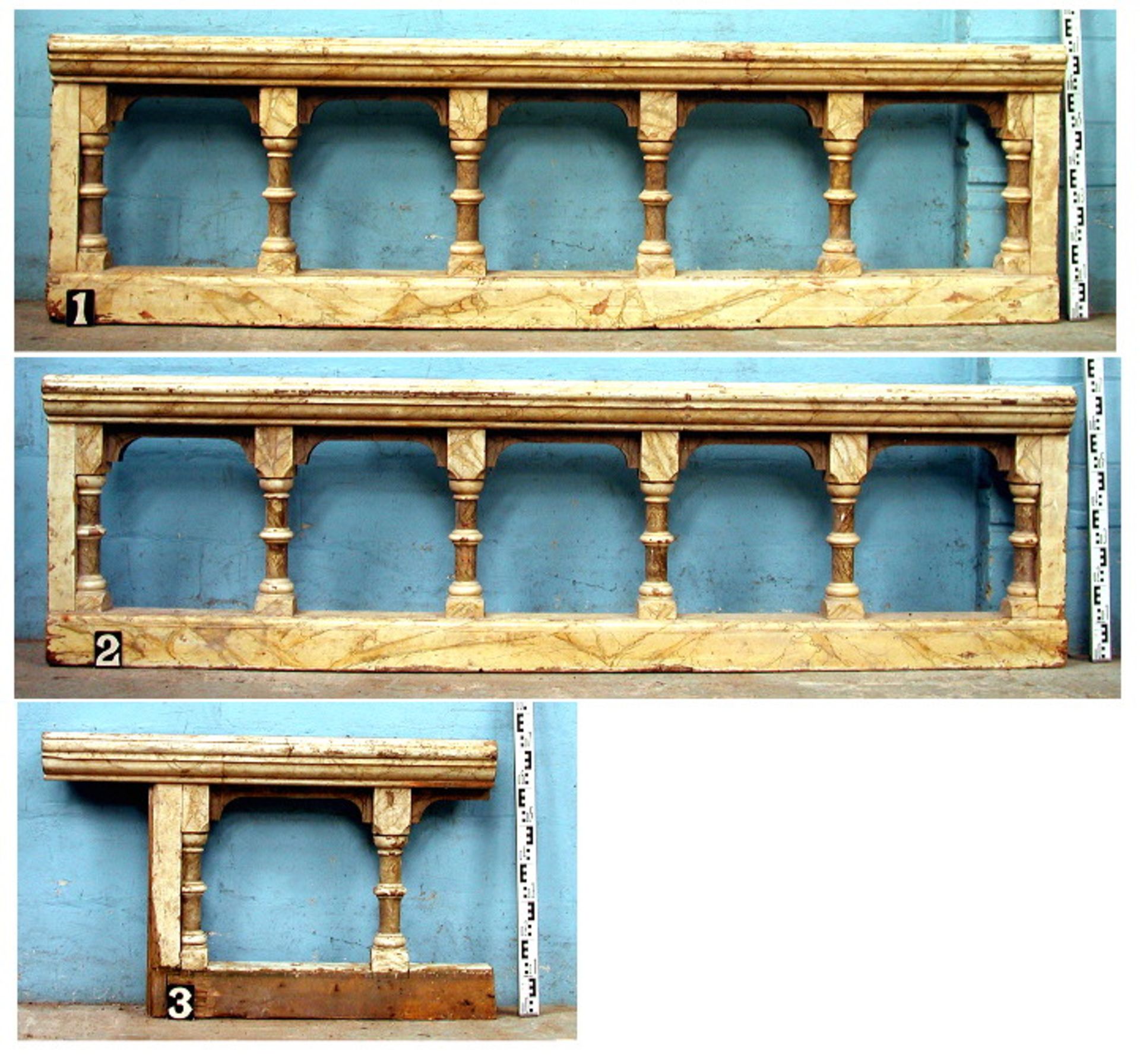 *APPROX 20FT PINE MARBLISED PAINTED BALUSTRADE, EARLY 1900S. 740MM (29IN) HIGH X 220MM (8IN) DEEP.