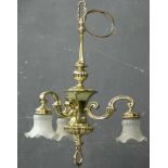 *CLASSICAL STYLE BRASS LIGHT FITTING, ELECTRIFIED, MID 1900. HEIGHT 630MM (24.75IN) X DIAMETER 470MM