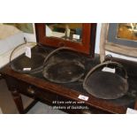 *THREE VICTORIAN RANGE HOT PLATES WITH HANDLES. HEIGHT 280MM (11INCHES) X DIAMETER 390MM (15.