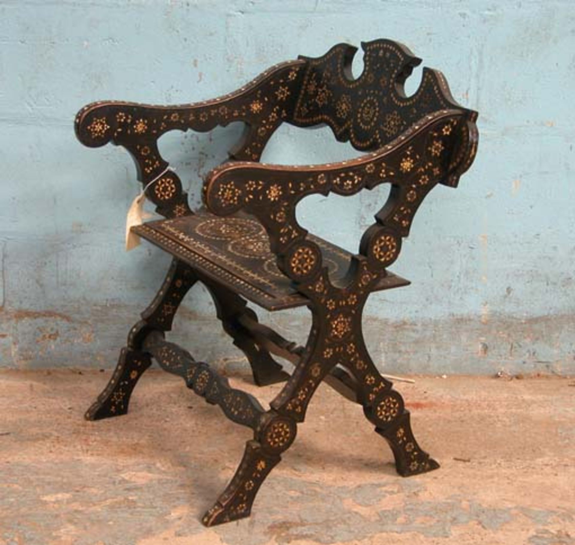 *WOODEN CHAIR WITH ELABORATE MOTHER OF PEARL INLAID DESIGN, CIRCA 1900. 720MM (28.25IN) HIGH X 510MM