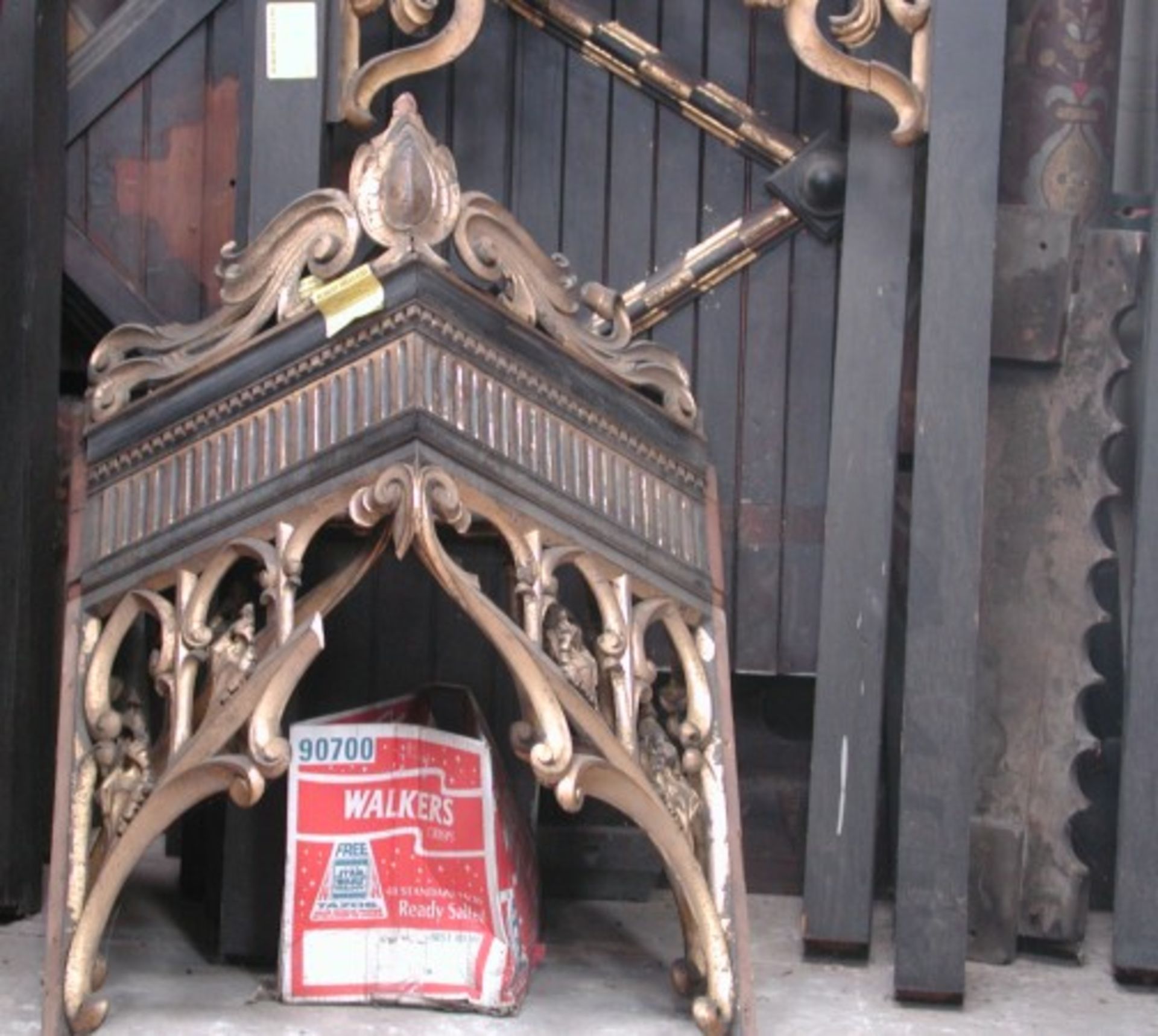 *CARVED, EBONISED GOTHIC ORGAN CASE WOODWORK WITH GOLD PAINTED DETAILS, CIRCA 1860. 2680MM (105.5IN) - Image 7 of 9