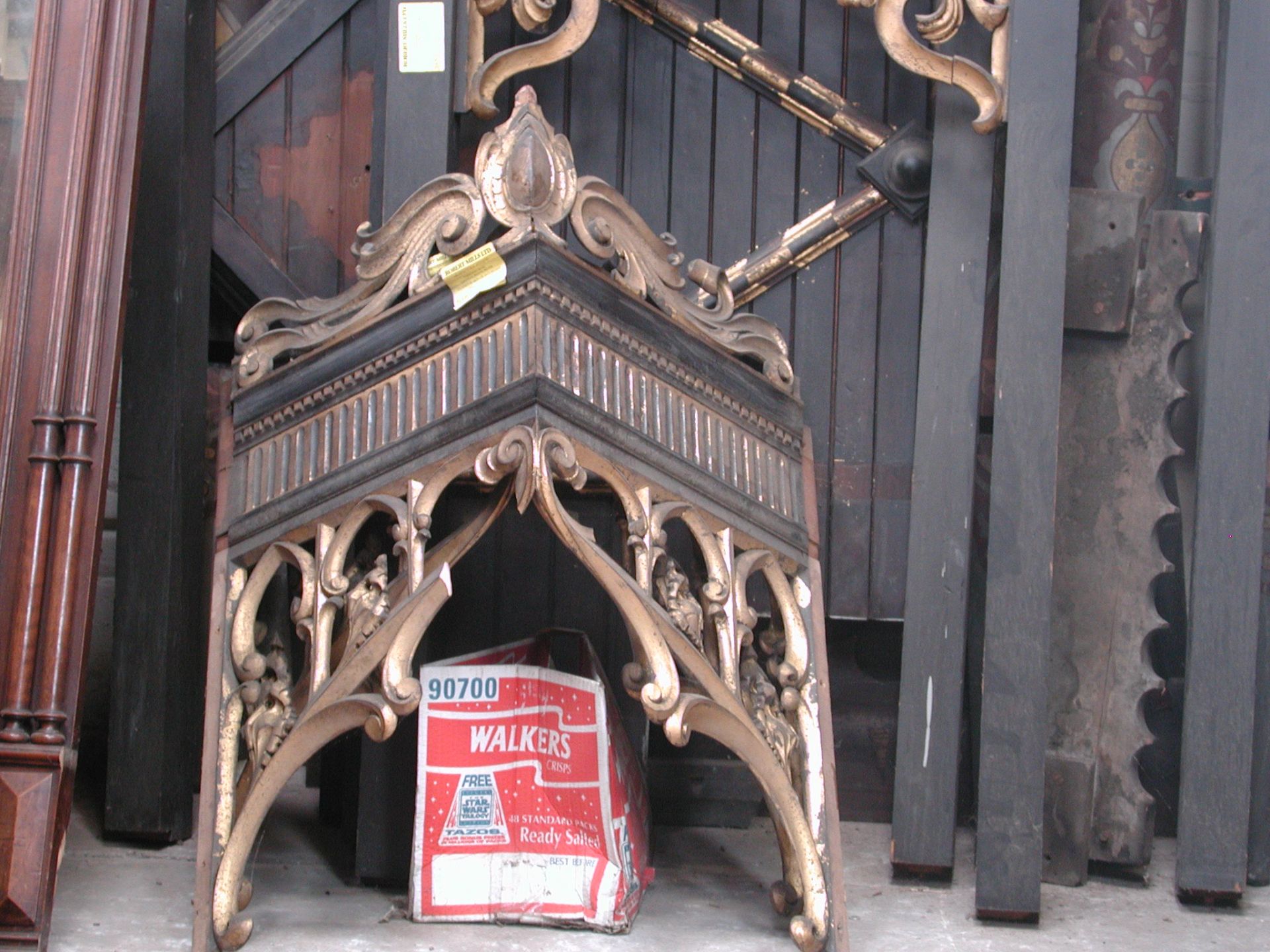 *CARVED, EBONISED GOTHIC ORGAN CASE WOODWORK WITH GOLD PAINTED DETAILS, CIRCA 1860. 2680MM (105.5IN)