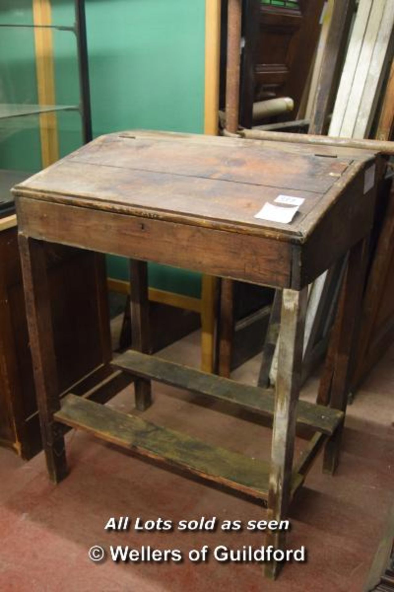 EARLY PINE CLERKS DESK, CIRCA 1900. 1155MM ( 45.5" ) HIGH X 915MM ( 36" ) WIDE X 630MM ( 24.75" )