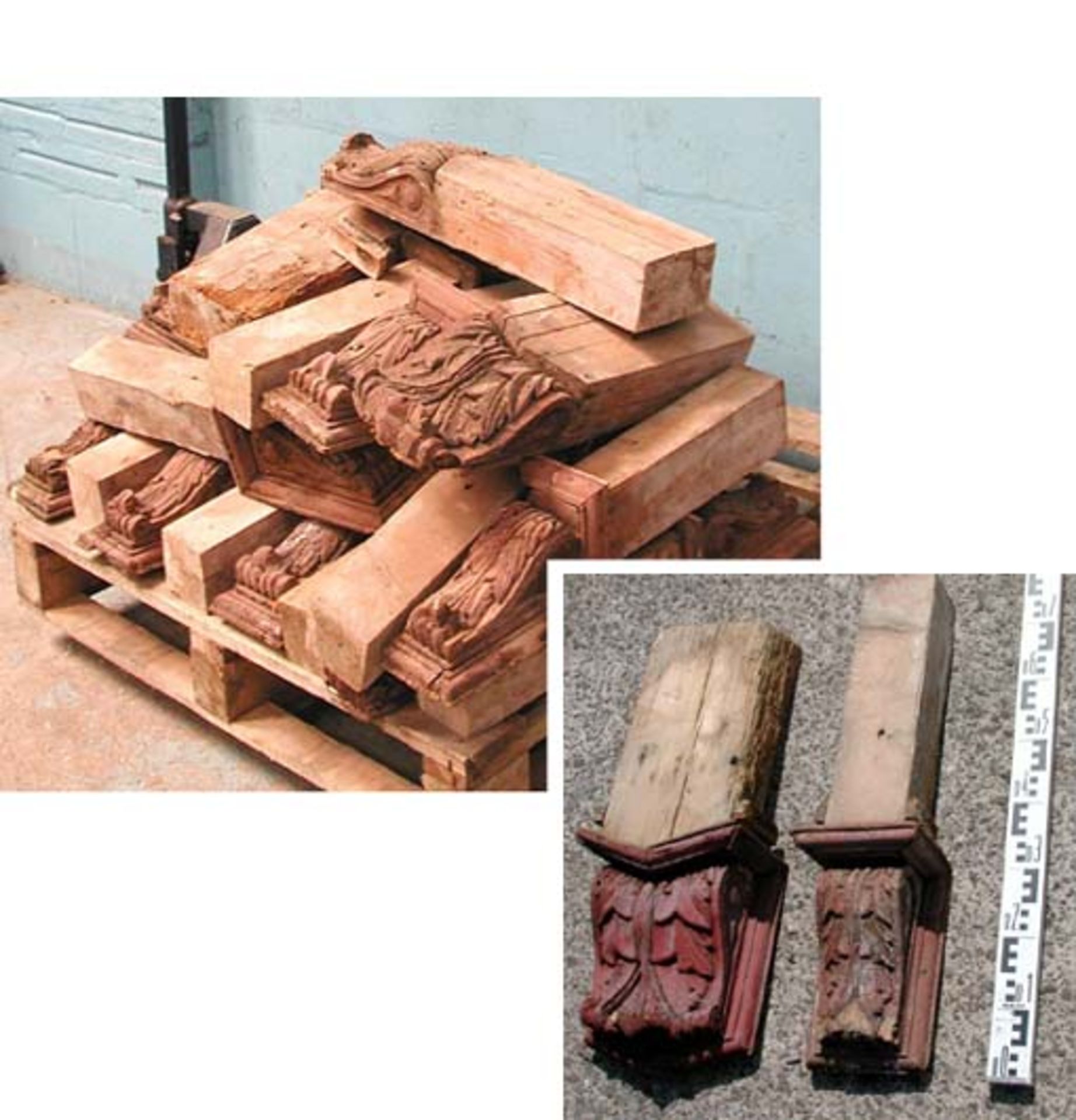 *19 WEATHERED ANTIQUE PINE CORBELS WITH LEAF MOTIF FROM A VICTORIAN SHOP FRONT. 730MM (29IN) HIGH - Bild 3 aus 3