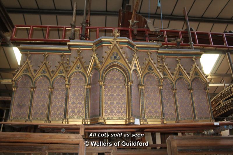*POLYCHROMED GOTHIC ARCADED OAK REREDOS. ORIGINAL HIGHLY DECORATIVE PAINTWORK, 1860. 1270MM (50IN) - Image 3 of 9