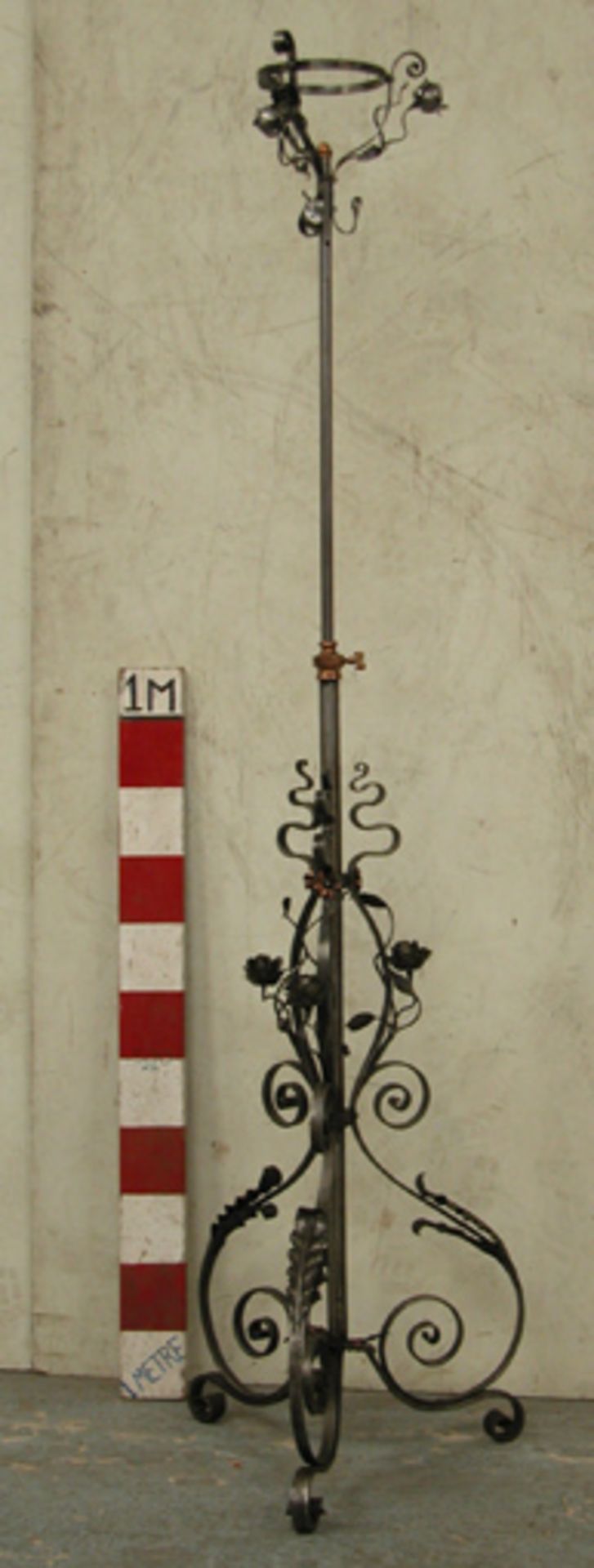 *VICTORIAN WROUGHT IRON LAMP STAND, CIRCA 1860. HEIGHT 1350MM (53IN) MIN. 2180MM (85IN) MAX. X WIDTH