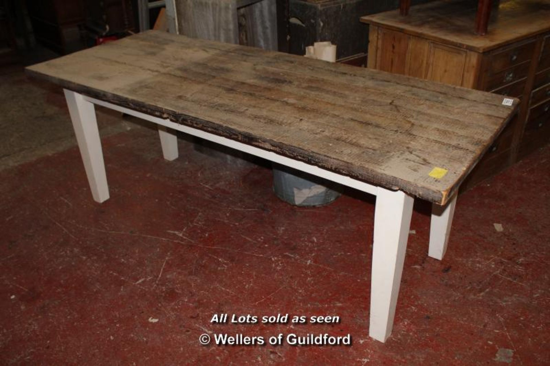 *RUSTIC PINE TABLE WITH PAINTED LEGS