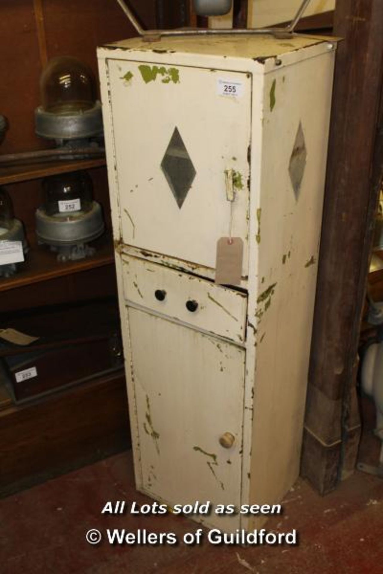 *RUSTIC STEEL CABINET MID 1900S. 1425MM X 4400MM X 370MM