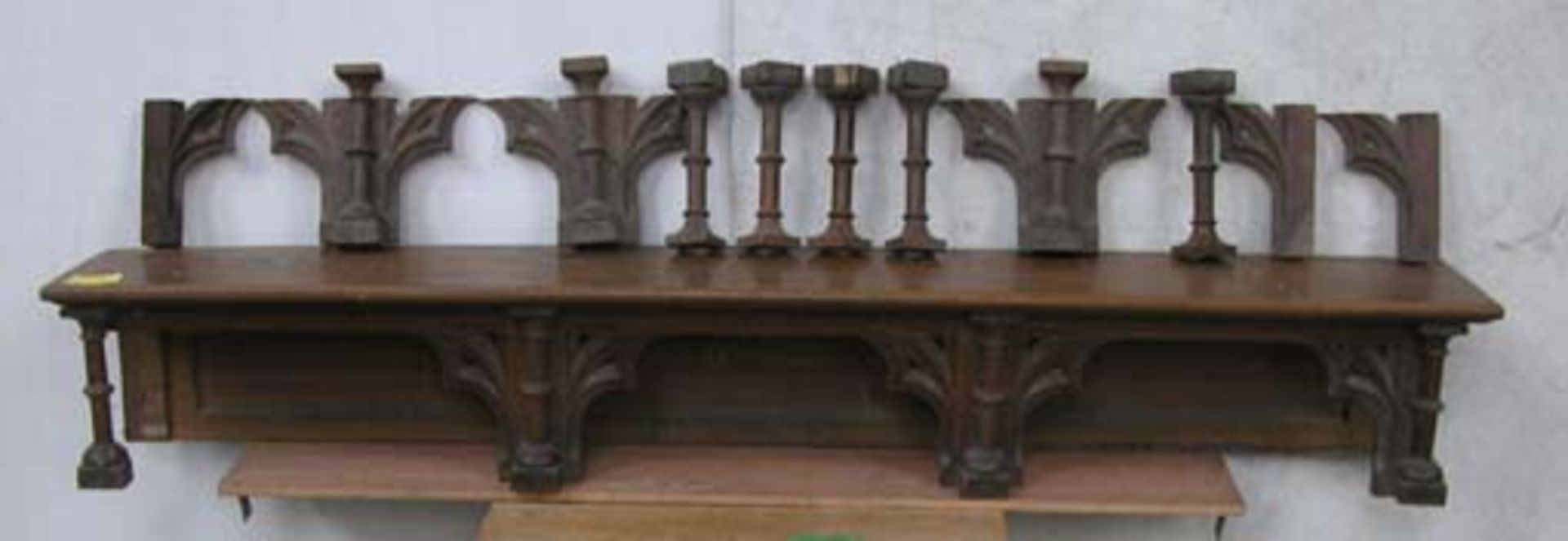 *GOTHIC OAK PREDELLA SHELF, CIRCA 1880. HEIGHT 315MM (12.5IN) X WIDTH 2135MM (84IN) X DEPTH 325MM (