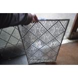 *LEADED GLASS GRISAILLE PANEL WITH PAINTED VINE PATTERN AND GRISAILLE BACKGROUND