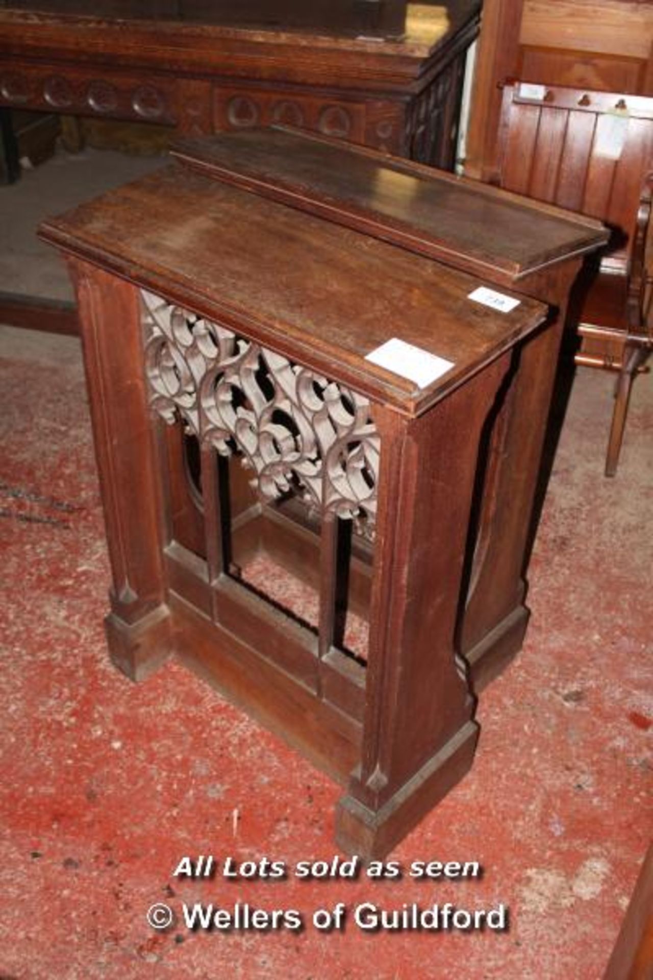 *PAIR OF CARVED GOTHIC CLERGY DESKS. 735MM ( 28.75" ) WIDE X 1015MM ( 39.75" ) HIGH X 285MM ( 11.25"