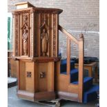 *ANTIQUE GOTHIC OAK PULPIT WITH CARVED FIGURES, CIRCA 1900. HEIGHT 2050MM (80.75IN) EXCL SLOPE X