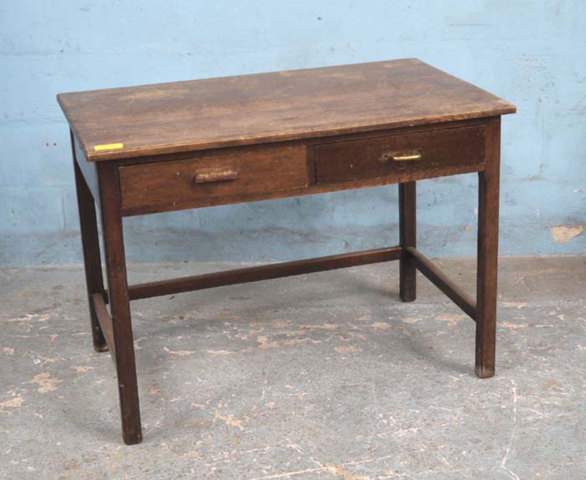 *OAK TWO DRAWER DESK, CIRCA 1930. 1070MM ( 42" ) WIDE X 880MM ( 26.75" ) DEEP X 770MM ( 30.25" )