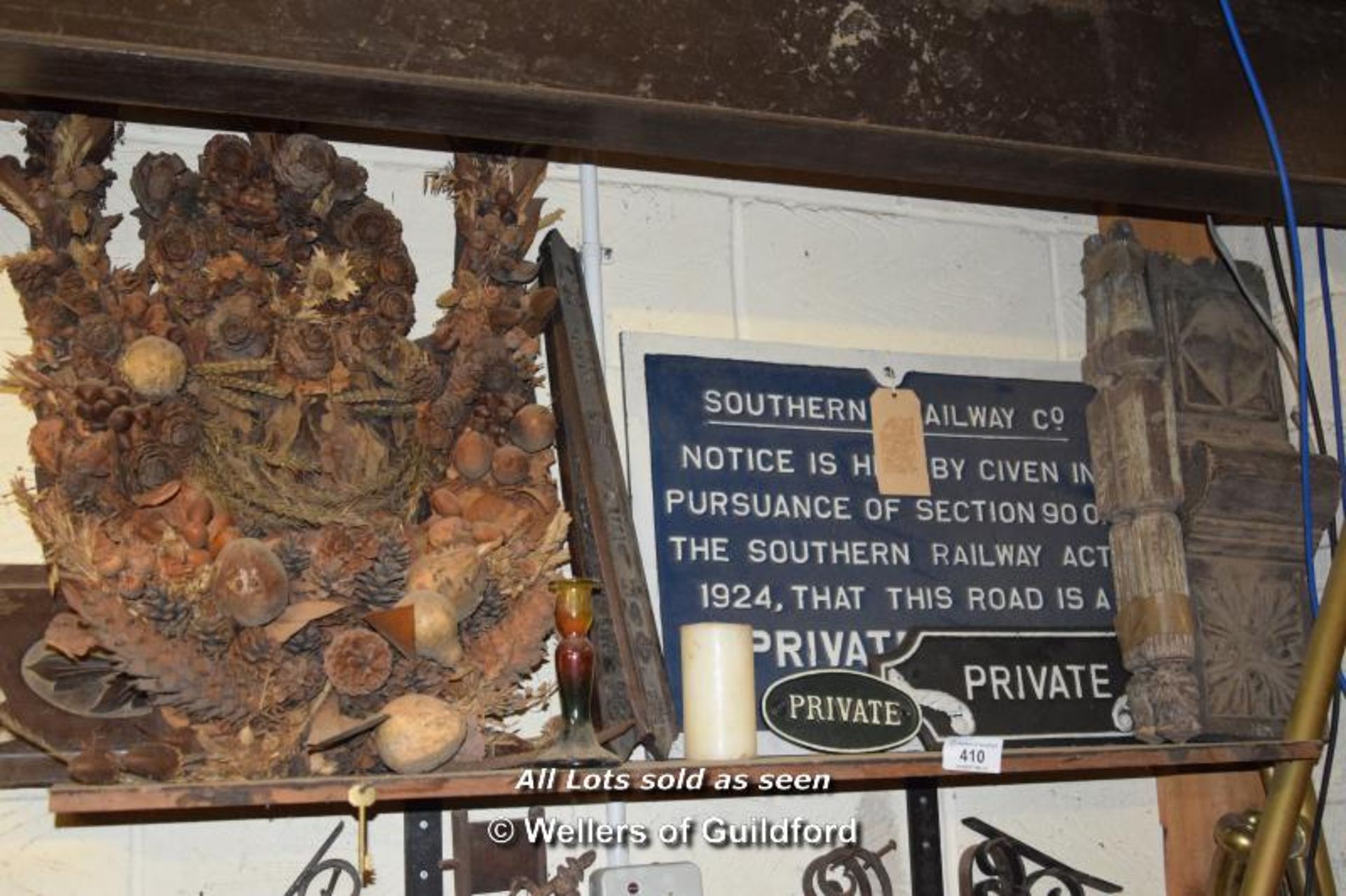 *SHELF CONTAINING MIXED ITEMS INC. CAST IRON SIGNS