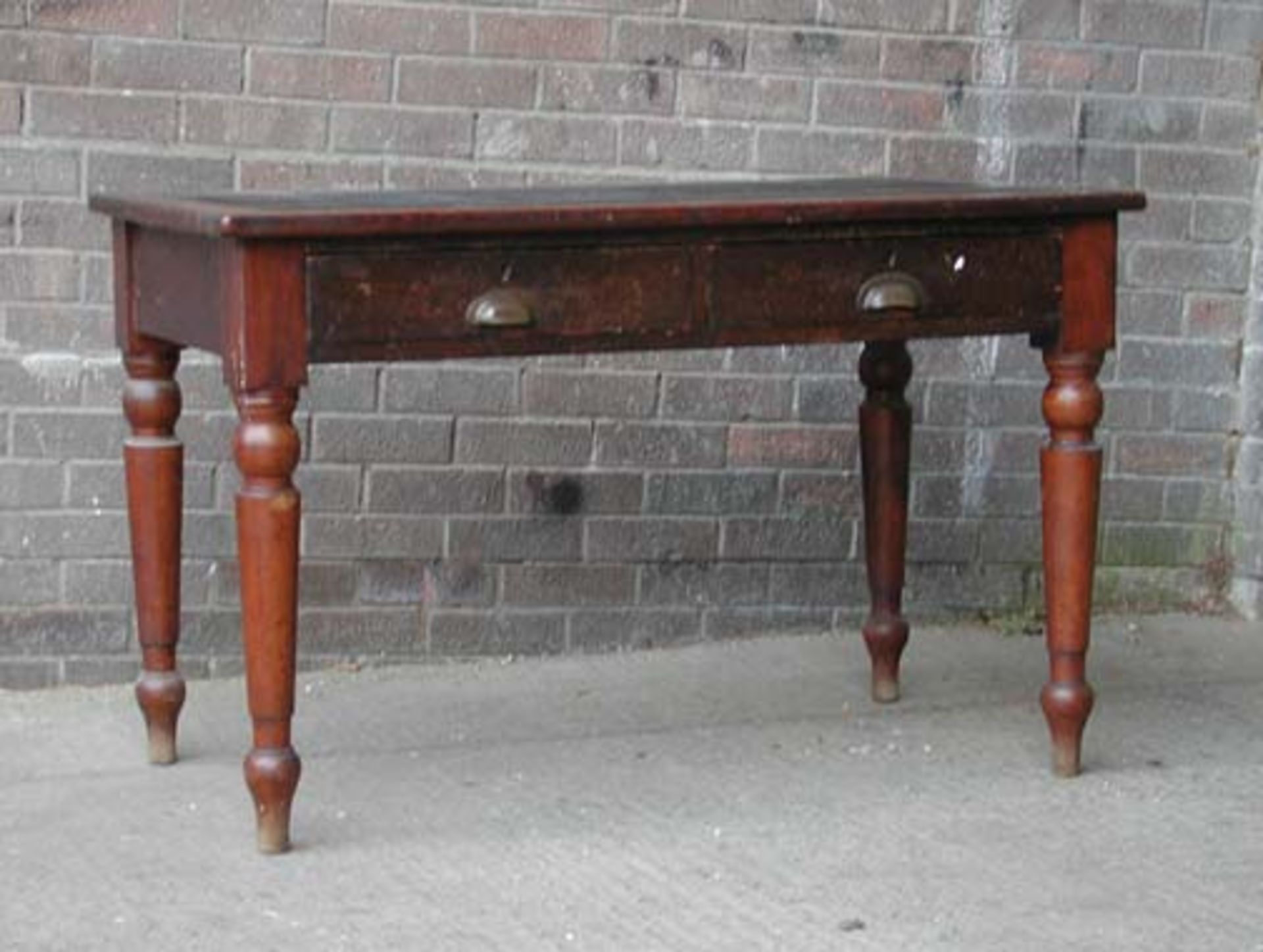 *INLAID TWO DRAWER OAK DESK, EARLY 1900'S. HEIGHT 765MM (30IN) X WIDTH 1215MM (47.75IN) X DEPTH